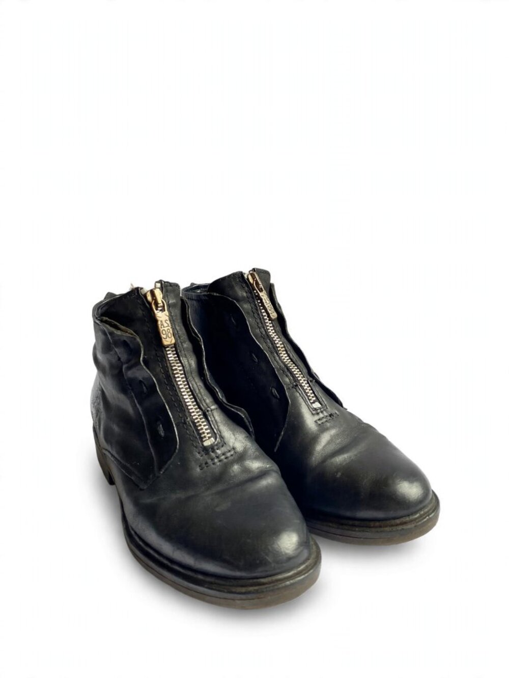 98 Black Leather Front-Zip Ankle Boots, Size 36